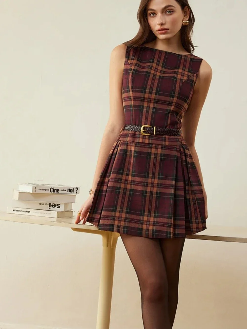 NWT Commense Checkered Pleated Tank Dress Without Belt Small Plaid Mini Red Tan - Picture 2 of 11